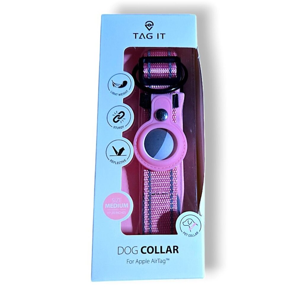 TAG IT Padded & Reflective Dog Collar for Apple AirTag Size Medium, Pink